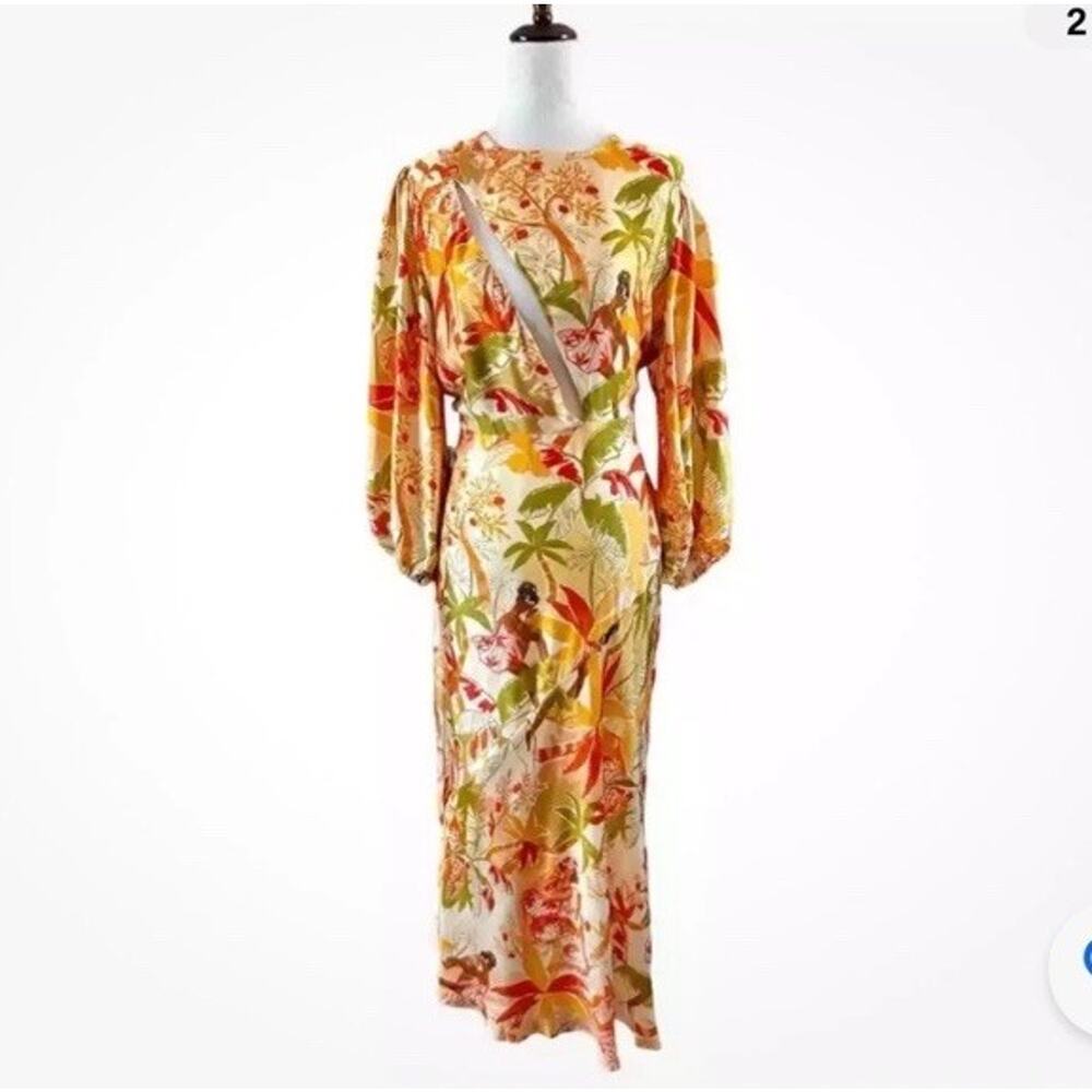 NWT Farm Rio Leopard Forest Sand Midi Dress Cutout Tropical Print XS - Picture 3 of 7